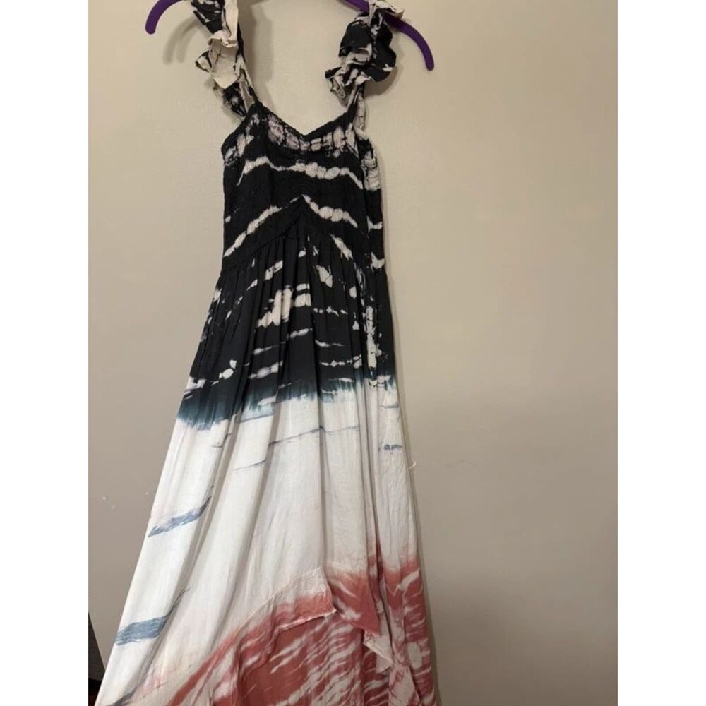 NWT Boho Me Tie Dye Smocked High Low Maxi Dress Sz L Ruffle Strap Resort Beach
